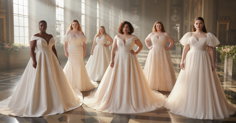 A luxurious bridal fashion editorial showcasing diverse plus-size brides wearing stunning wedding gowns including flowing A-line dresses, elegant ball gowns, beaded mermaid silhouettes, off-shoulder lace designs, and romantic tulle gowns with flutter sleeves and puff sleeves. The brides are confidently posed in a grand, elegant wedding venue featuring a sunlit cathedral interior with tall arched windows, soft golden light streaming in, marble floors, floral arrangements, and a romantic dreamy atmosphere. The scene emphasizes body positivity, elegance, and royal bridal beauty. Cinematic high-fashion photography, ultra-realistic fabric details, soft natural lighting, rich depth and atmosphere, editorial magazine composition, no text, no blur, highly detailed luxurious background, graceful and empowering mood.
