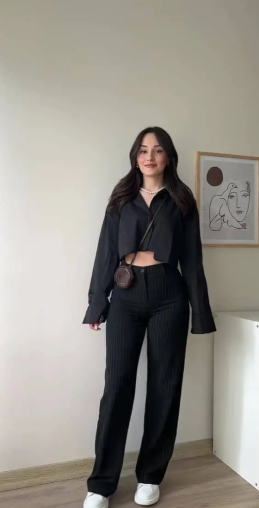 Chic All-Black Ensemble with Cropped Blazer