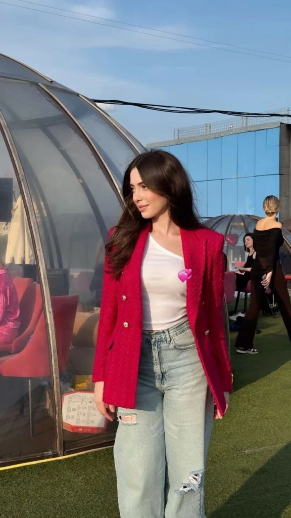 Bold Blazer with Distressed Denim