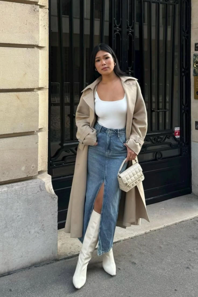 Denim Midi Skirt with Trench Coat