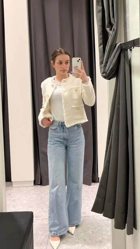 Cream Tweed Blazer With Wide-Leg Jeans