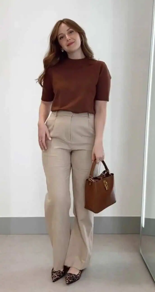 Chocolate Tee with Cream Tailored Trousers