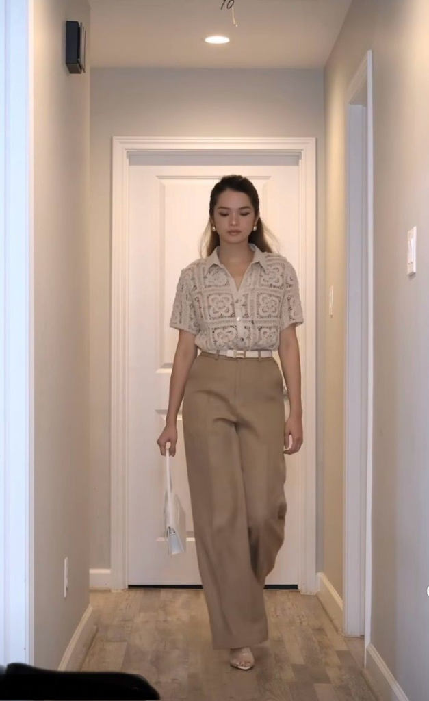 Lace Blouse with Neutral Trousers
