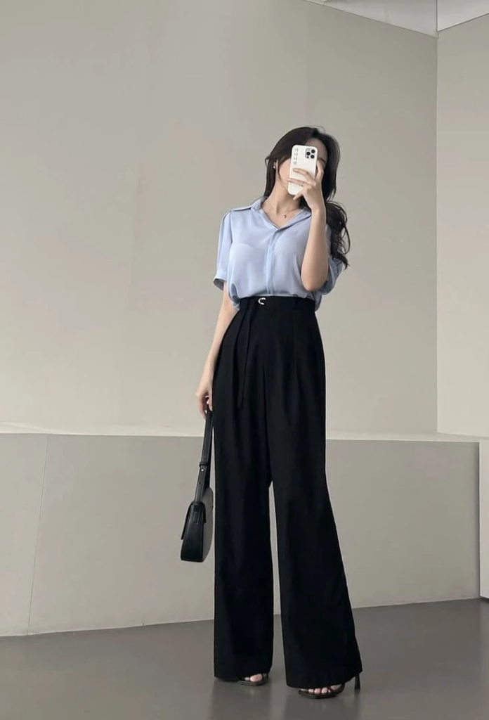 Classic Blue Shirt with Wide-Leg Trousers
