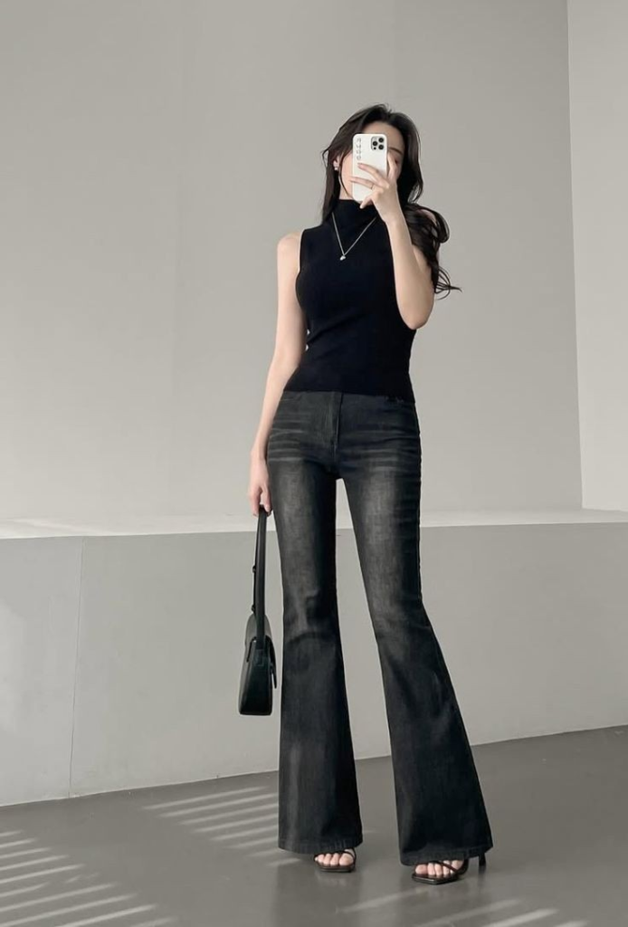 Black Tank Top with Flared Denim