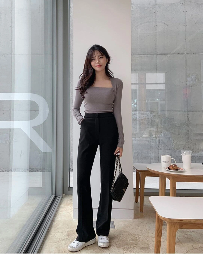 Neutral Crop Top with Black Trousers