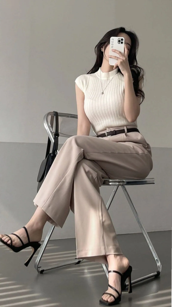 Cream Ribbed Top with Tailored Trousers
