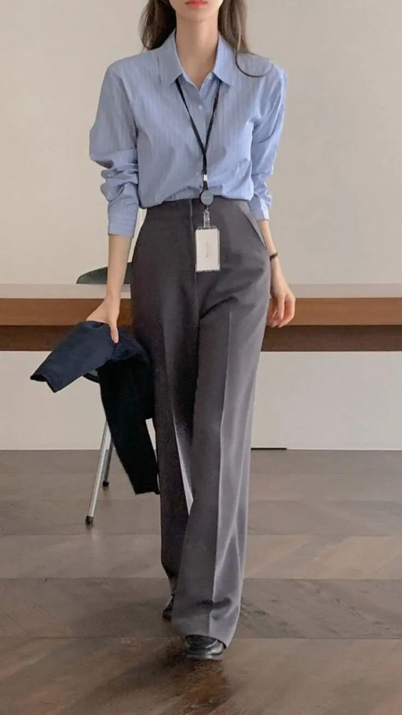 Classic Blue Shirt and Wide-Leg Trousers