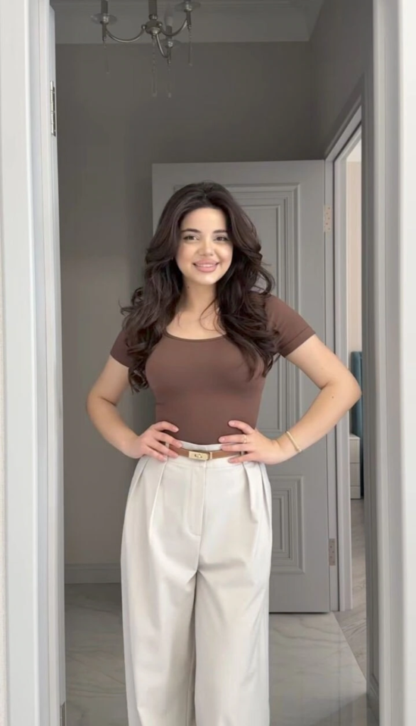 Chocolate Fitted Tee & Cream Trousers