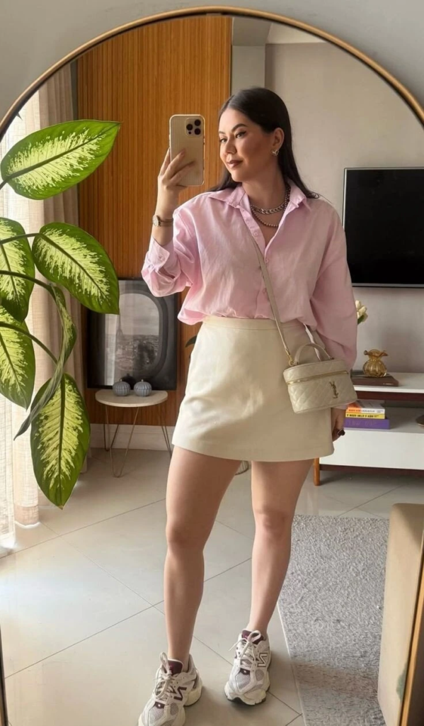 Soft Pink Shirt with Cream Skirt