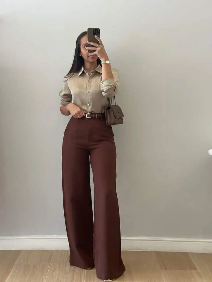 Cream Blouse with Burgundy Wide-Leg Trousers