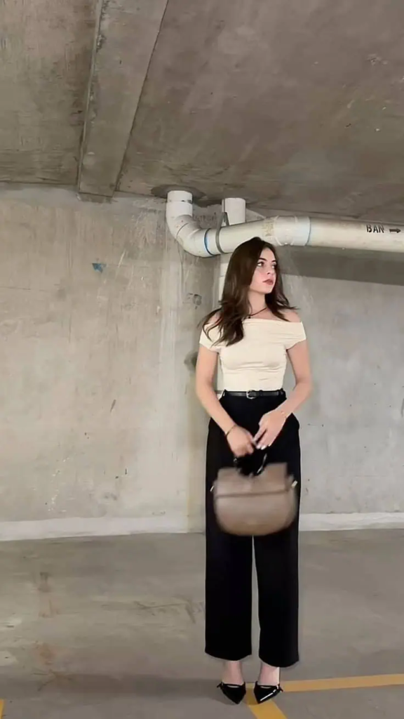 Cream Off-Shoulder Top with Black Trousers