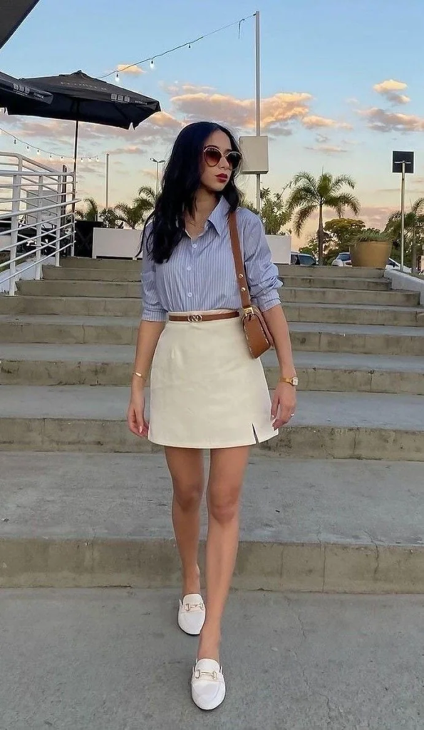 Crisp Striped Shirt with Cream Skirt