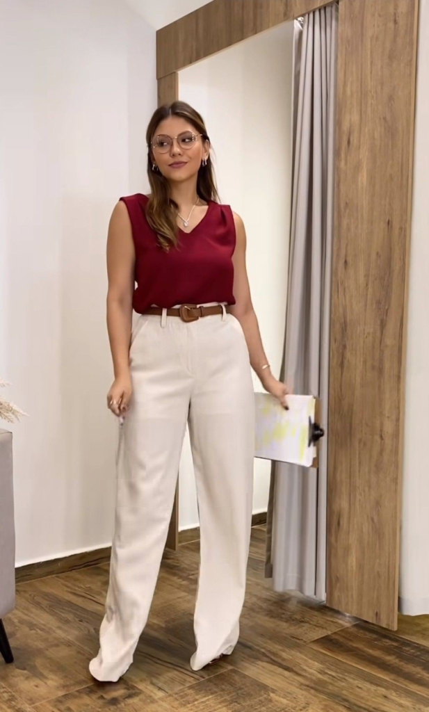 Burgundy Tank with Cream Wide-Leg Trousers