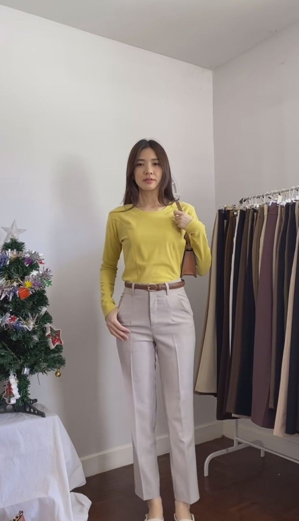 Bright Blouse with Neutral Tailored Pants