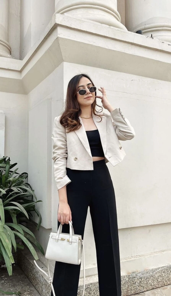 Cream Blazer with Black Crop Top