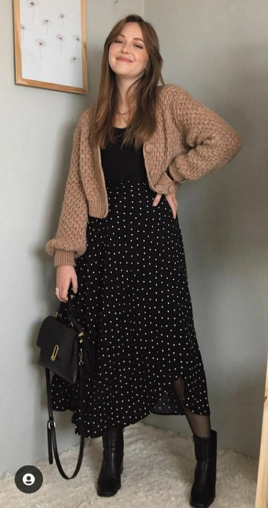 Cozy Cardigan with Polka Dot Midi Skirt
