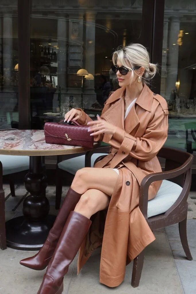 Camel Trench with Burgundy Boots