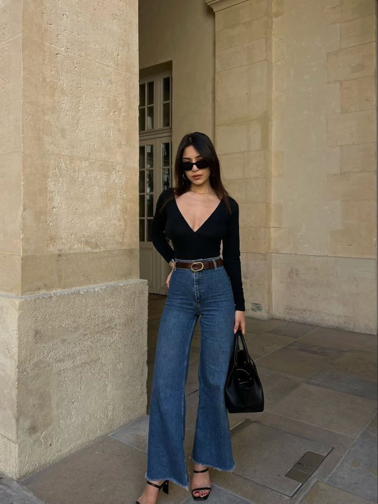 Classic Black Top with Wide-Leg Jeans