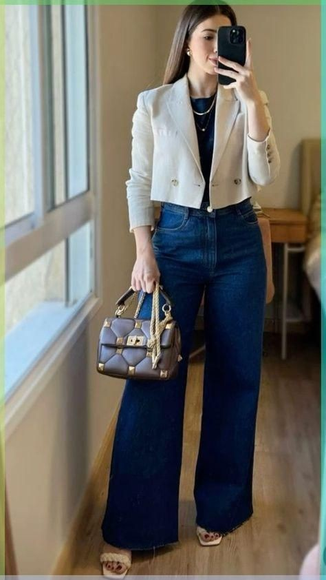 Cream Blazer with Wide-Leg Jeans