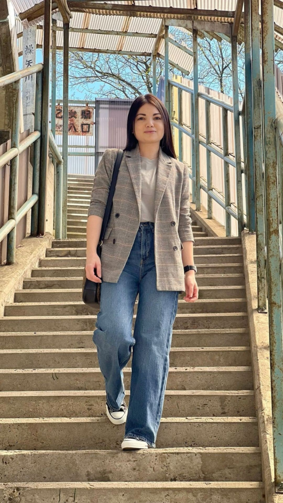 Blazer, Tee, and Wide-Leg Jeans