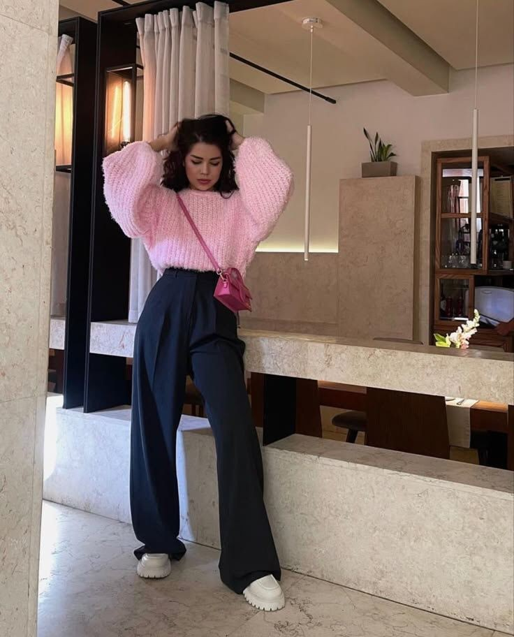 Bold Pink Puff Sleeve with Navy Pants