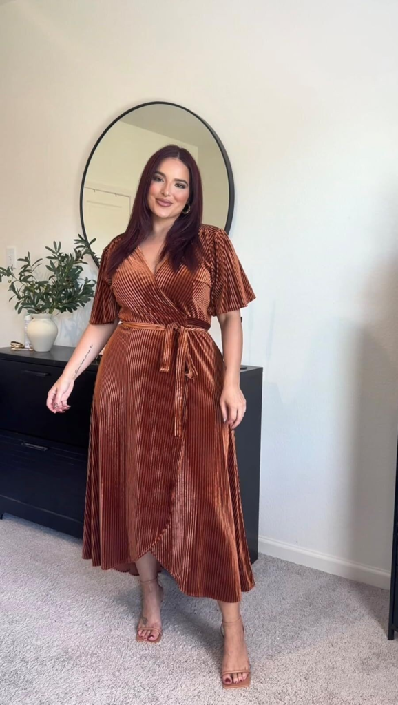 Elegant Rust Wrap Dress Midi