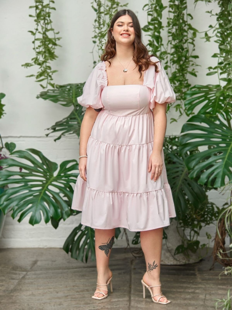 Romantic Pink Puff Sleeve Midi Dress