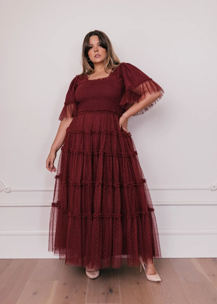 Burgundy Tulle Maxi with Flutter Sleeves