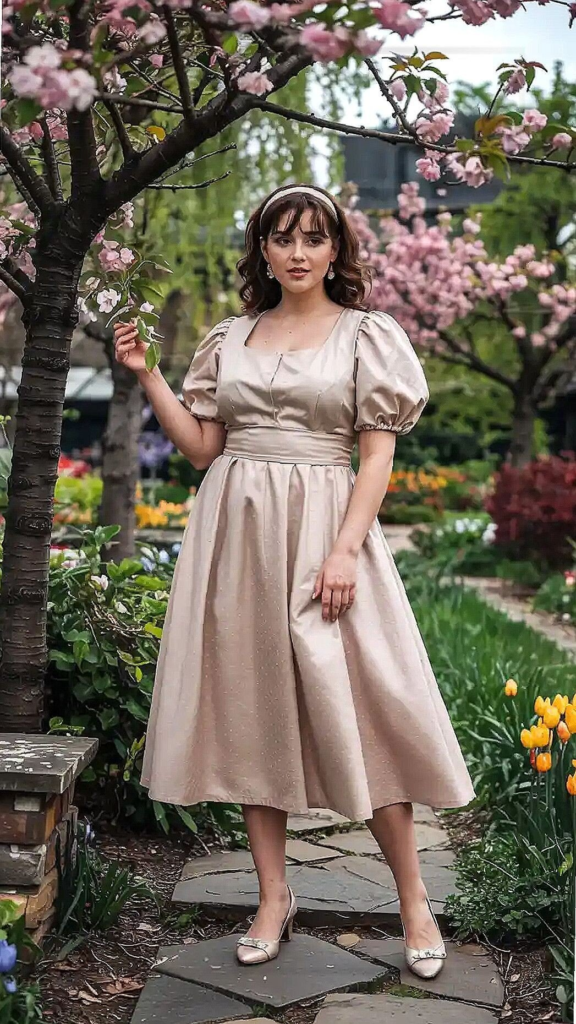 Elegant Beige Midi with Puff Sleeves