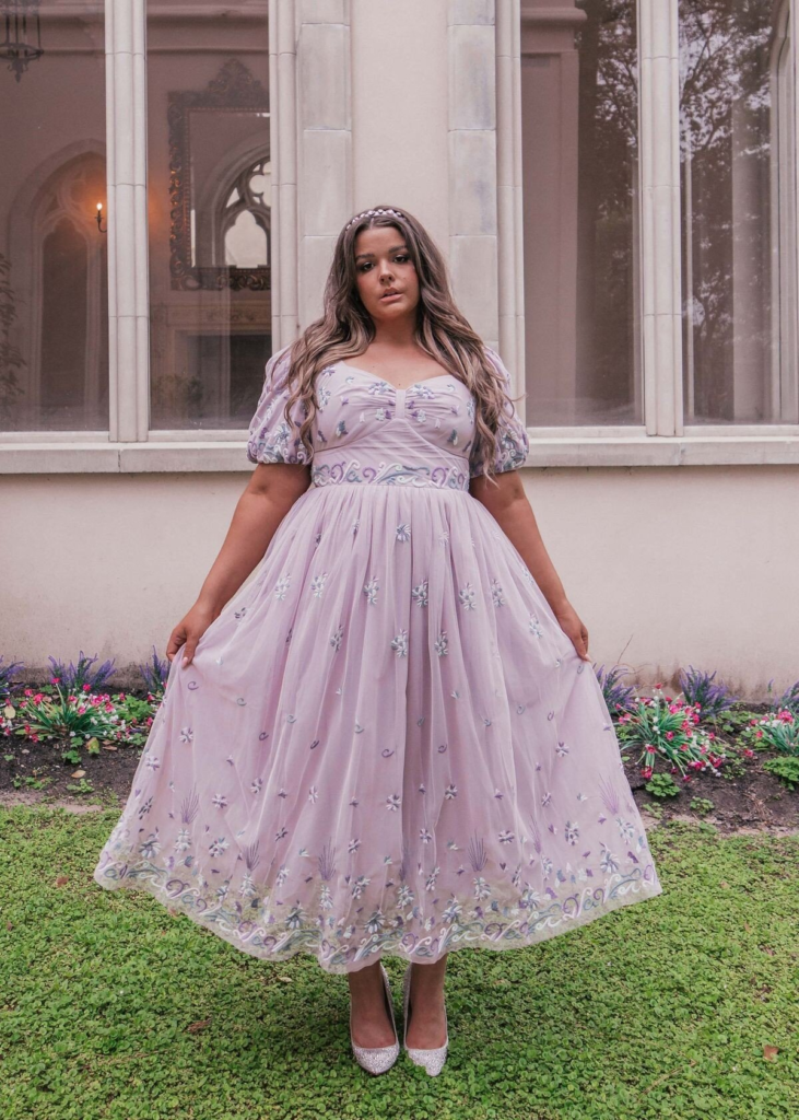 Lavender Embroidered Tulle Midi Dress