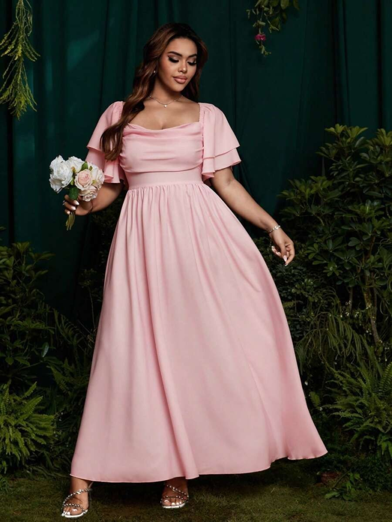 Elegant Pink Chiffon Gown with Flutter Sleeves