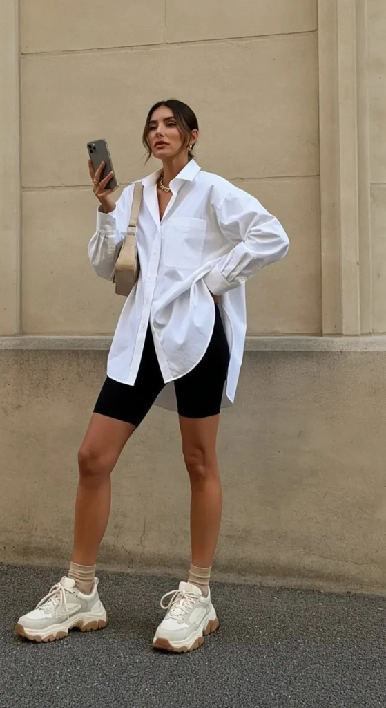 Oversized Button-Down with Bike Shorts