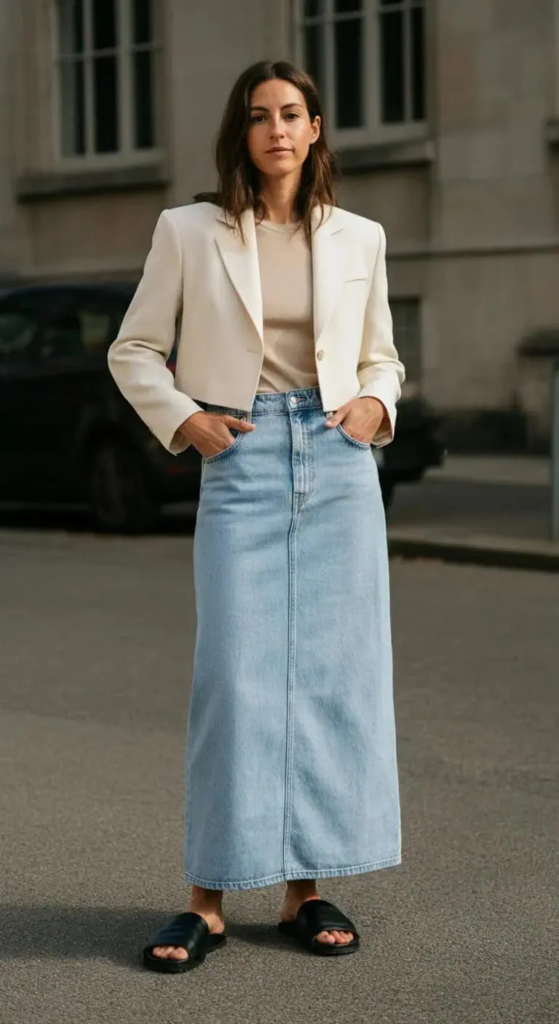 Denim Maxi Skirt with Cropped Blazer