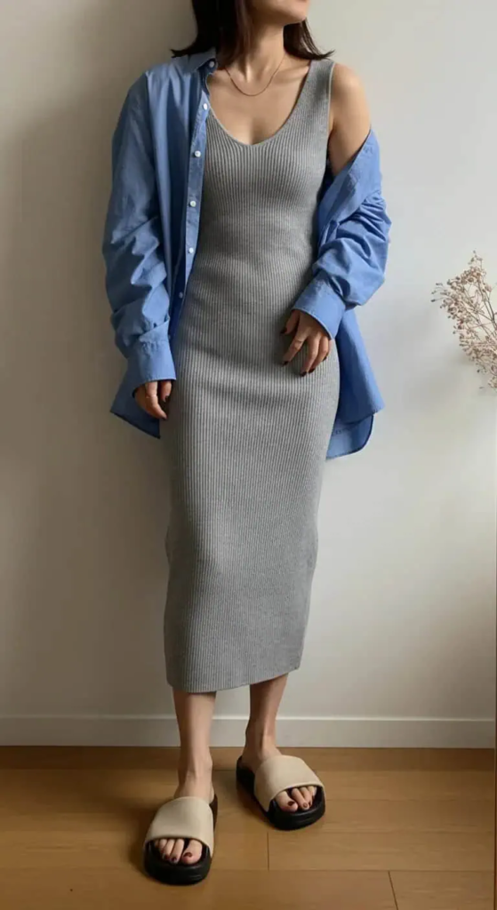 Ribbed Column Dress with Oversized Button-Down