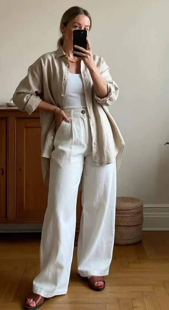 Linen Button-Down with Wide-Leg Pants