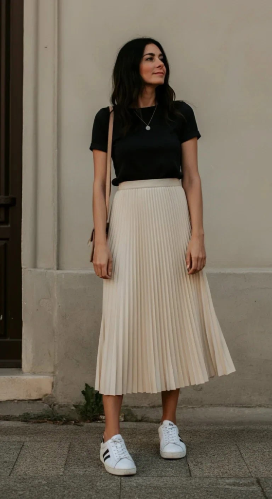 Pleated Midi Skirt and Fitted T-Shirt