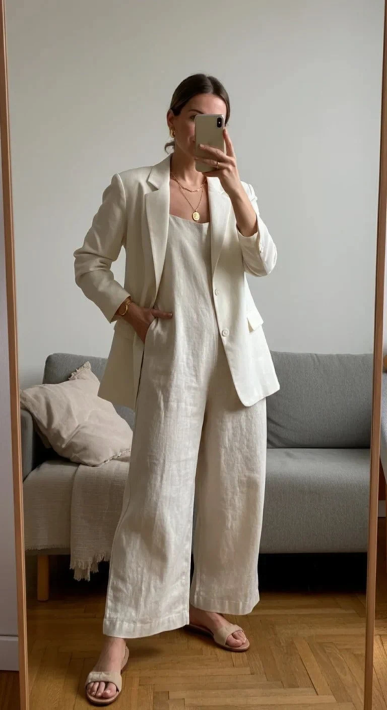 Linen Wide-Leg Jumpsuit with Structured Blazer