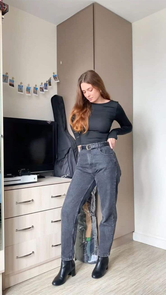Sleek Black Top with Gray Jeans