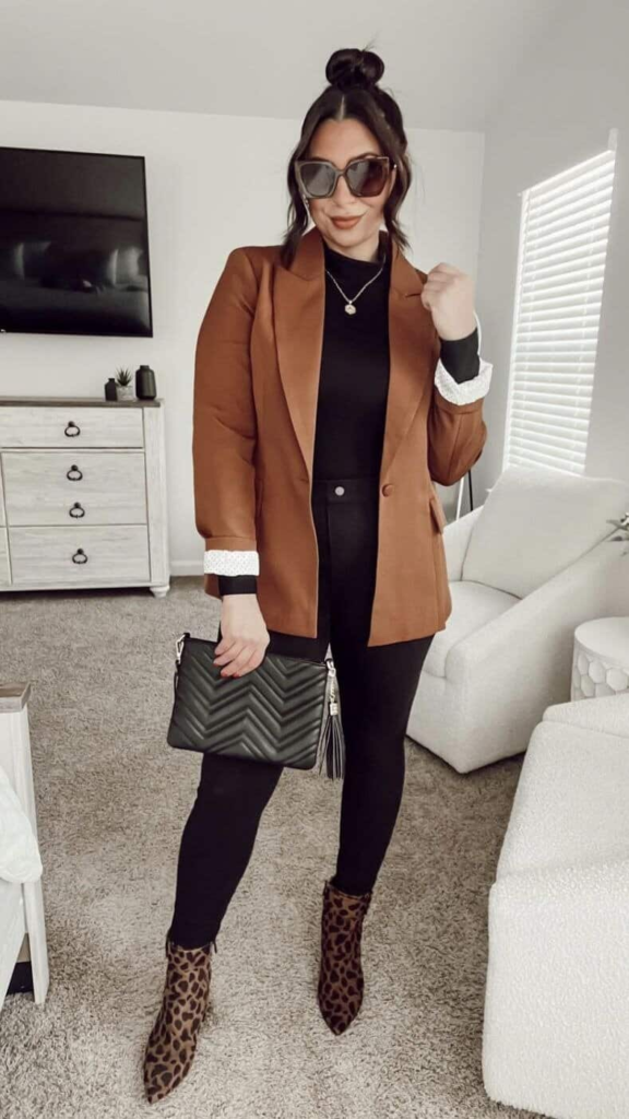 Caramel Blazer with Leopard Accents