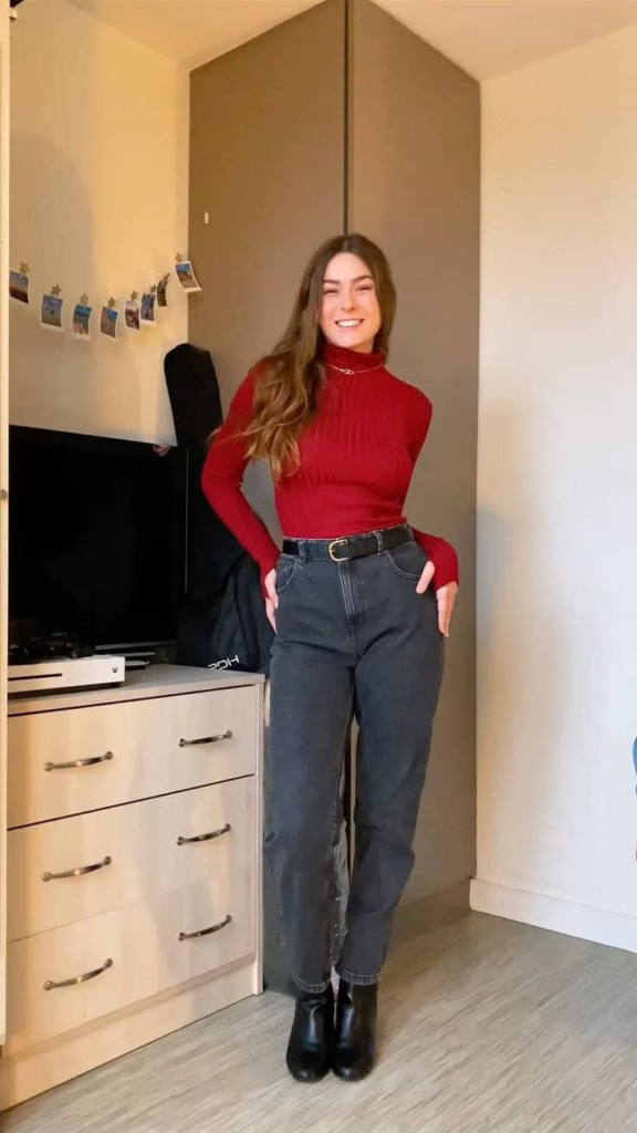Burgundy Turtleneck and Dark Denim