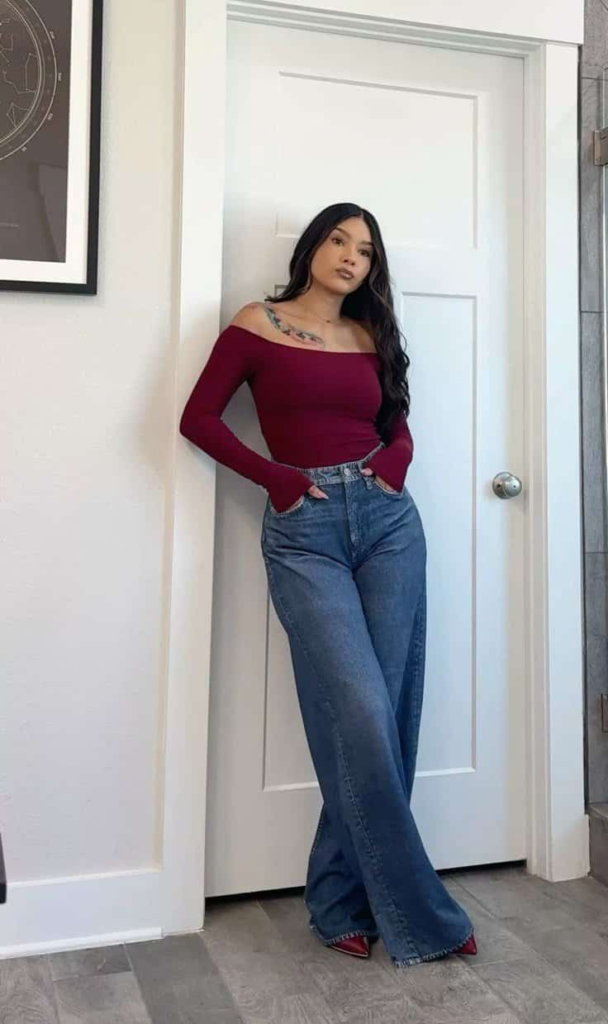 Burgundy Off-Shoulder Top with Jeans