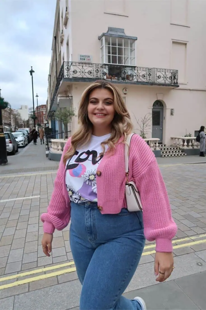 Pink Cardigan with Classic Denim