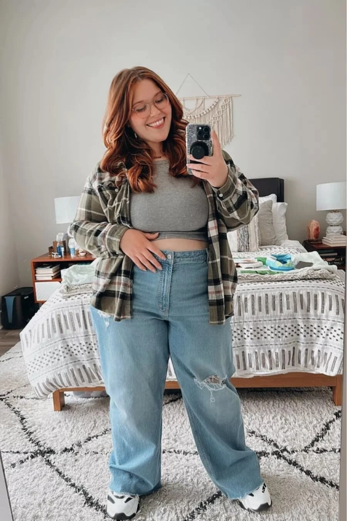 Plaid Shirt with Cropped Tee Look