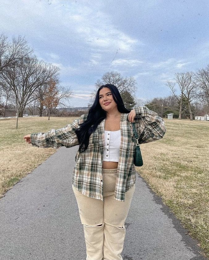 Plaid Shirt with Cream Distressed Denim