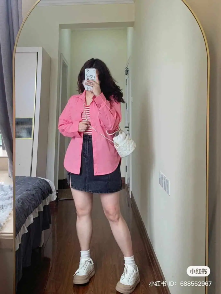 Pink Overshirt with Denim Skirt Ensemble