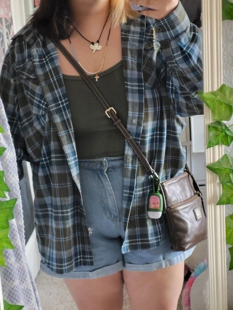 Plaid Shirt with Rolled Denim Shorts