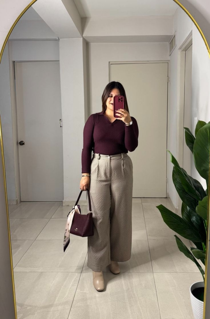 Burgundy Top with Neutral Wide-Leg Pants