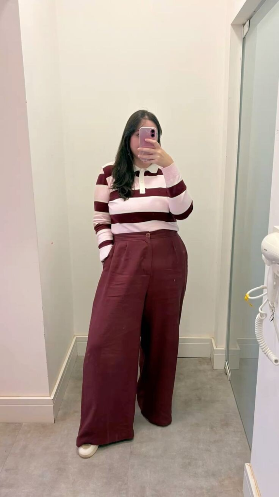 Burgundy Stripes with Wide-Leg Trousers