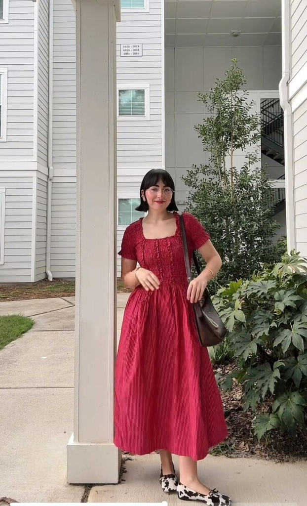 Burgundy Midi Dress with Animal Print Flats